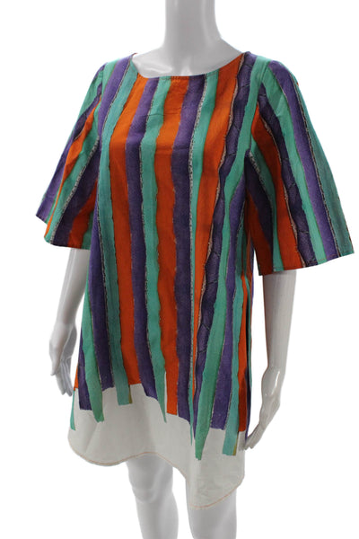 MICartsy Women Shift Dress Green Striped 3/4 Sleeve Short Size M