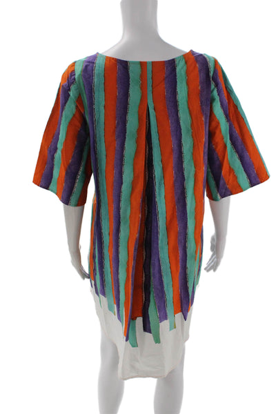 MICartsy Women Shift Dress Green Striped 3/4 Sleeve Short Size M