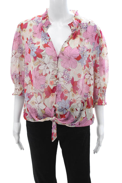 Sanctuary Women Floral V-Neck Button Up Blouse 3/4 Sleeve Pink Polyester Size L