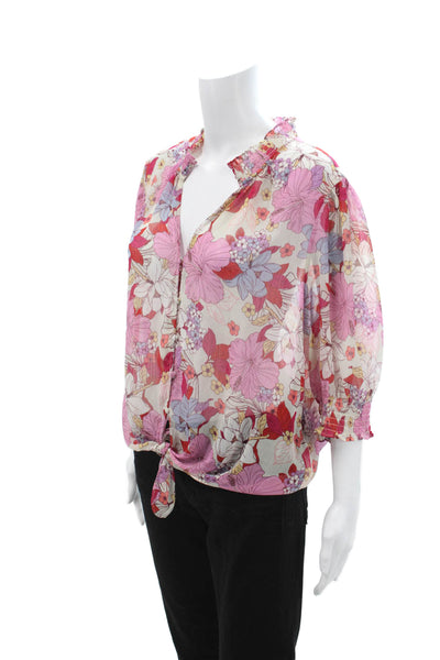 Sanctuary Women Floral V-Neck Button Up Blouse 3/4 Sleeve Pink Polyester Size L
