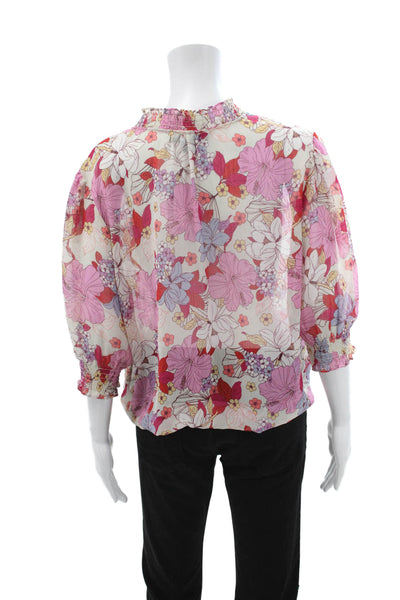Sanctuary Women Floral V-Neck Button Up Blouse 3/4 Sleeve Pink Polyester Size L