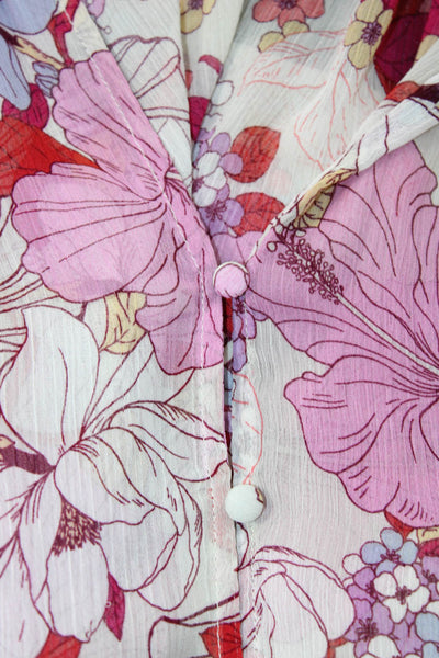 Sanctuary Women Floral V-Neck Button Up Blouse 3/4 Sleeve Pink Polyester Size L