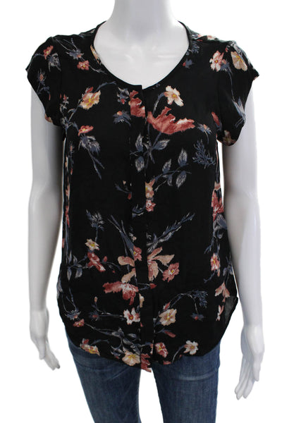 Joie Womens Black Floral Silk Blend Short Sleeve Blouse Round Neck Size S