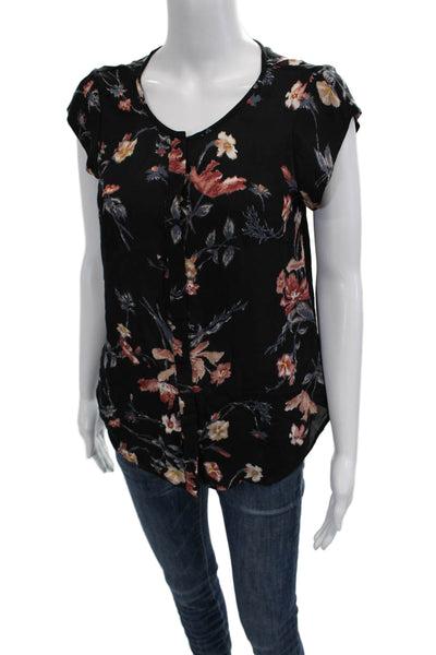 Joie Womens Black Floral Silk Blend Short Sleeve Blouse Round Neck Size S