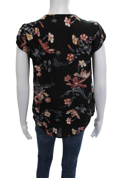 Joie Womens Black Floral Silk Blend Short Sleeve Blouse Round Neck Size S