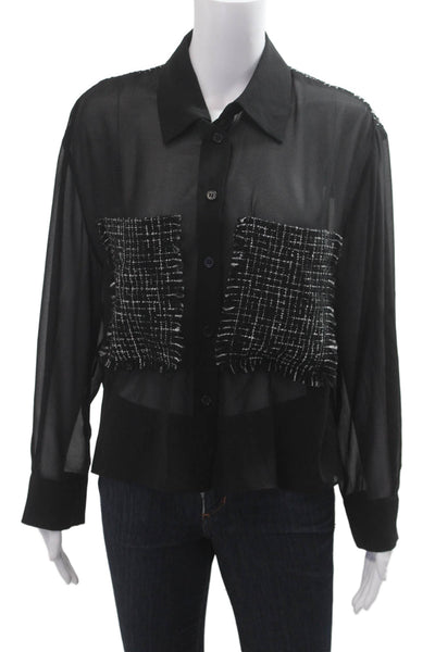 Zara Women Collared Black Nylon Blend Long Sleeve Button Up Blouse Size M