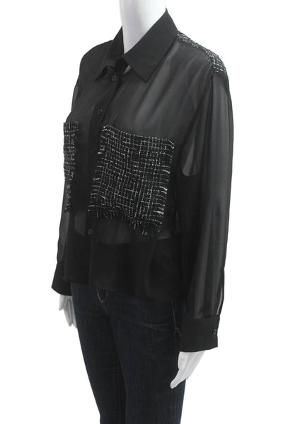 Zara Women Collared Black Nylon Blend Long Sleeve Button Up Blouse Size M
