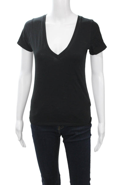 Nation LTD Women Black V-Neck Short Sleeve Basic T-Shirt Pima Cotton Size XS