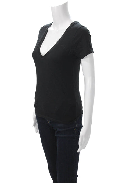 Nation LTD Women Black V-Neck Short Sleeve Basic T-Shirt Pima Cotton Size XS