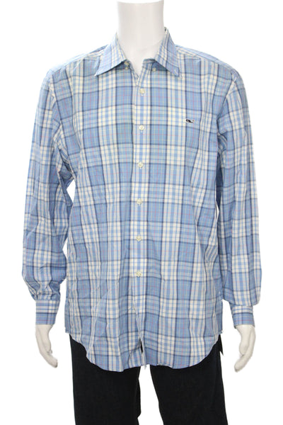 Vineyard Vines Mens Plaid Slim Fit Whale Button Down Shirt Blue Size Large