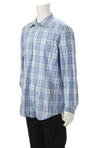Vineyard Vines Mens Plaid Slim Fit Whale Button Down Shirt Blue Size Large