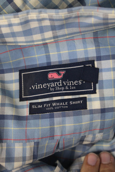 Vineyard Vines Mens Plaid Slim Fit Whale Button Down Shirt Blue Size Large