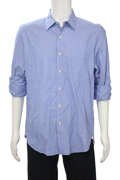 J Crew Mens Point Collar Blue Striped 2-Ply Cotton Long Sleeve Button-Up Size L