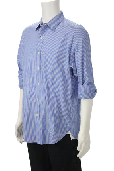 J Crew Mens Point Collar Blue Striped 2-Ply Cotton Long Sleeve Button-Up Size L