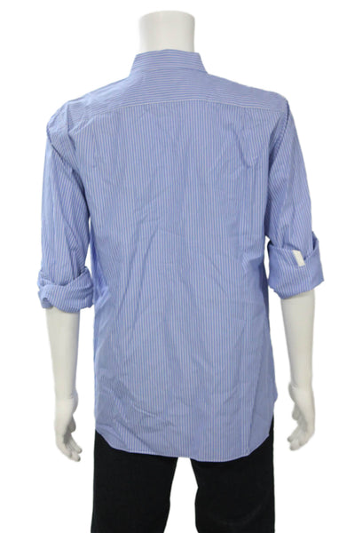 J Crew Mens Point Collar Blue Striped 2-Ply Cotton Long Sleeve Button-Up Size L