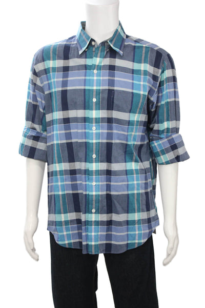 J Crew Mens Button-Down Plaid Dress Shirt Blue 100% Cotton Long Sleeve Size L