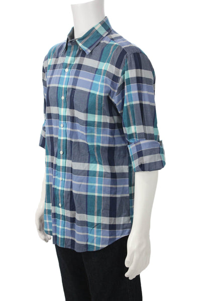 J Crew Mens Button-Down Plaid Dress Shirt Blue 100% Cotton Long Sleeve Size L