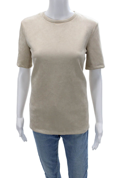Zara Womens Beige Basic Crew Neck Short Sleeve T Shirt Zip Closure Size M