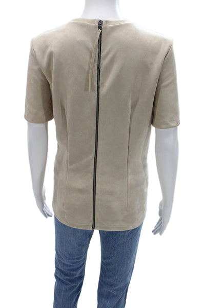 Zara Womens Beige Basic Crew Neck Short Sleeve T Shirt Zip Closure Size M