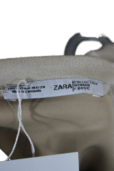 Zara Womens Beige Basic Crew Neck Short Sleeve T Shirt Zip Closure Size M