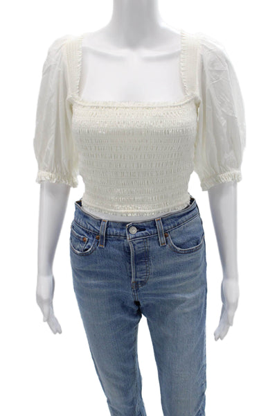 Intermix Womens Cropped Cotton Blouse White Square Neck 3/4 Sleeve Boho Size M