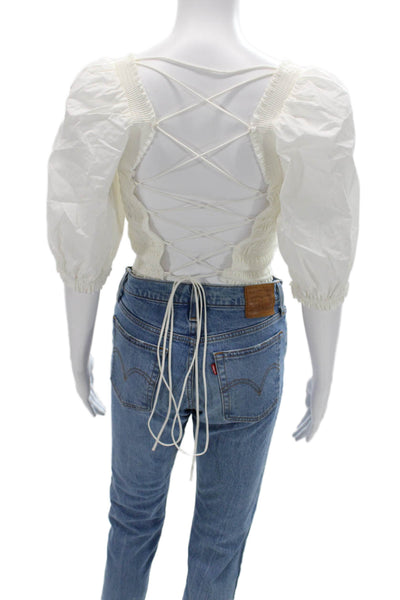 Intermix Womens Cropped Cotton Blouse White Square Neck 3/4 Sleeve Boho Size M