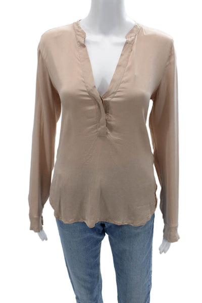 Vince Women Beige Silk Blend V-Neck Long Sleeve Button Blouse Size 6