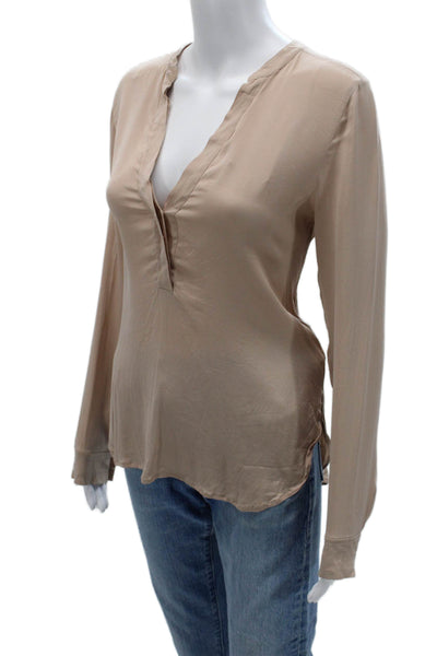 Vince Women Beige Silk Blend V-Neck Long Sleeve Button Blouse Size 6