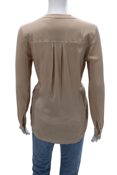 Vince Women Beige Silk Blend V-Neck Long Sleeve Button Blouse Size 6