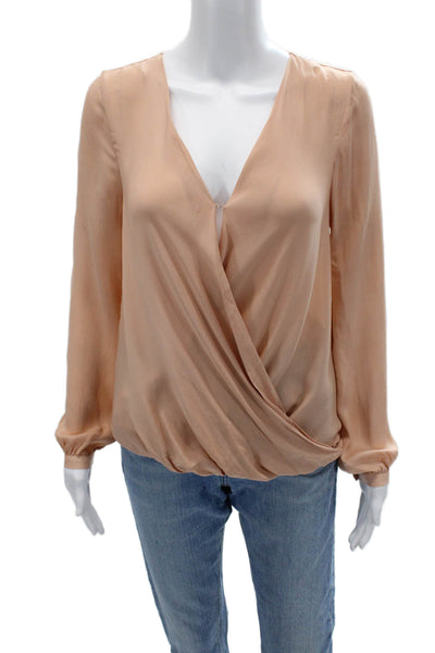 Haute Hippie Women Beige Silk V-Neck Long Sleeve Boho Blouse Hook & Eye Size S