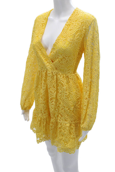 Kaos Women Yellow Floral Mini Wrap Dress V-Neck Long Sleeve Beach Size 42
