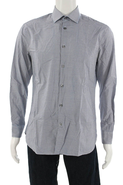 John Varvatos Mens Point Collar Blue Check Long Sleeve Dress Shirt Size M