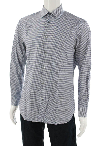 John Varvatos Mens Point Collar Blue Check Long Sleeve Dress Shirt Size M