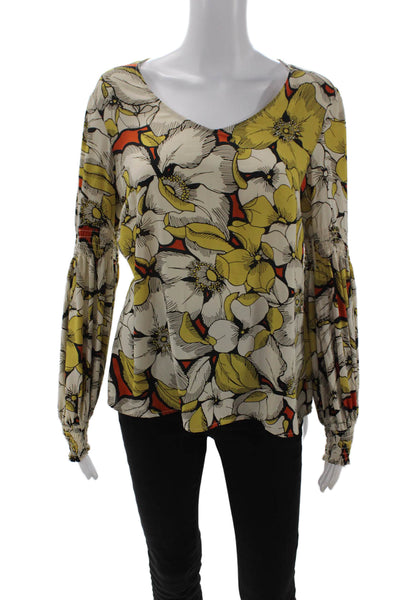 Cabi Women Beige Floral Polyester Long Sleeve Round Neck Blouse Size XS