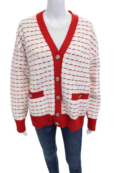 Chanel womens Red V-Neck Striped Cardigan Long Sleeve Button 58% Cotton Size 38