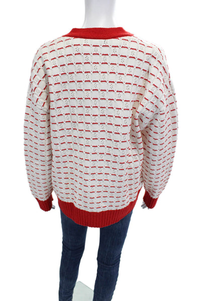 Chanel womens Red V-Neck Striped Cardigan Long Sleeve Button 58% Cotton Size 38