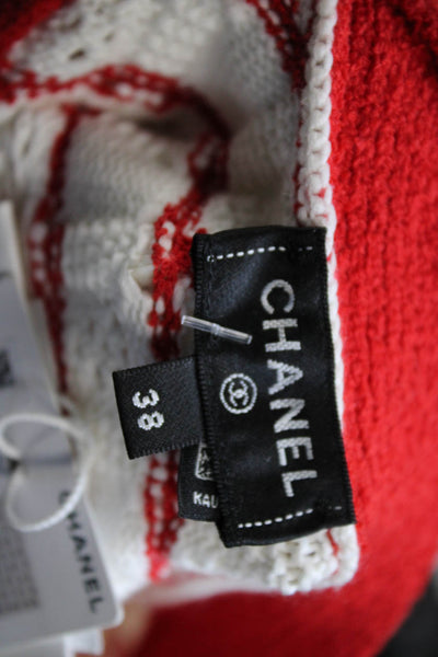 Chanel womens Red V-Neck Striped Cardigan Long Sleeve Button 58% Cotton Size 38