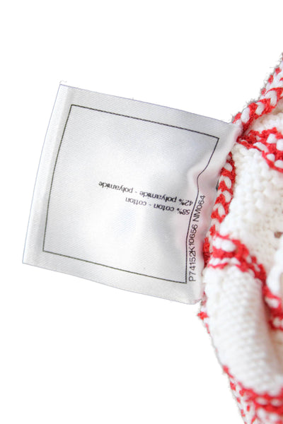 Chanel womens Red V-Neck Striped Cardigan Long Sleeve Button 58% Cotton Size 38