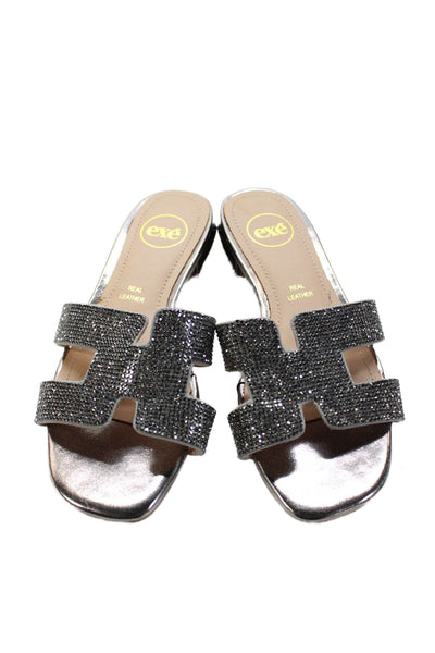 Exe Womens Leather Jeweled Slide On Sandals Silver Size 36 6