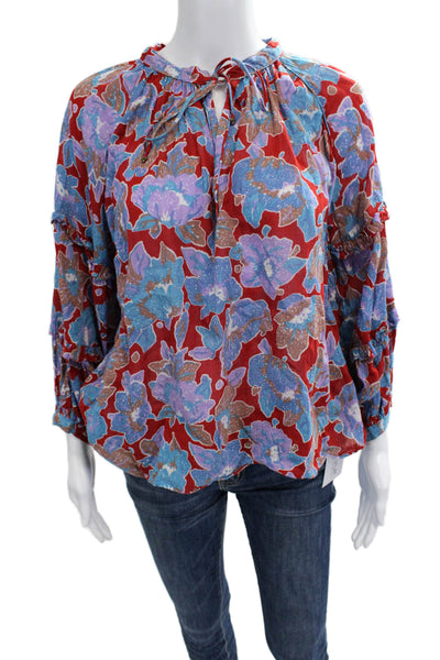 Love The Label Womens Bohemian Red Floral Cotton Long Sleeve Blouse Size S