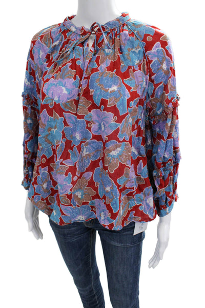 Love The Label Womens Bohemian Red Floral Cotton Long Sleeve Blouse Size S