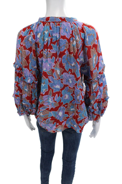 Love The Label Womens Bohemian Red Floral Cotton Long Sleeve Blouse Size S