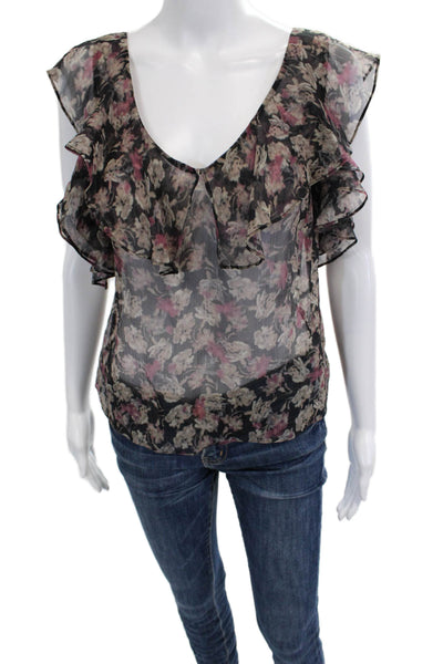 Love Shack Fancy Womens Bohemian Floral Silk V-Neck Short Sleeve Blouse Size M
