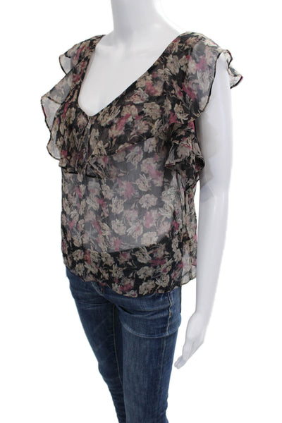 Love Shack Fancy Womens Bohemian Floral Silk V-Neck Short Sleeve Blouse Size M