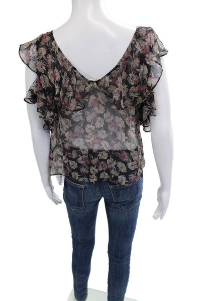 Love Shack Fancy Womens Bohemian Floral Silk V-Neck Short Sleeve Blouse Size M