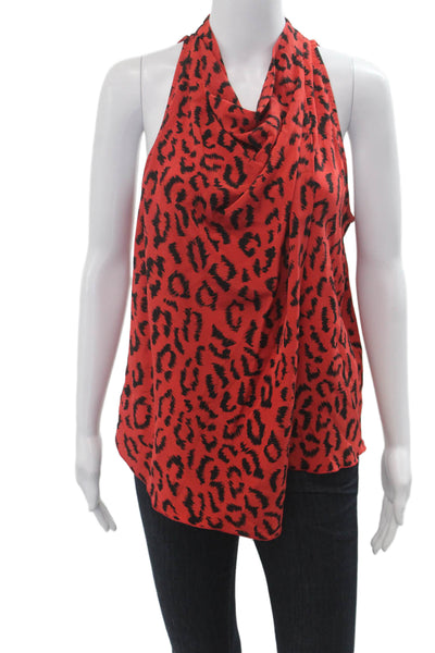 A.L.C. Women Red Silk Animal Print Sleeveless High Neck Blouse Size 6