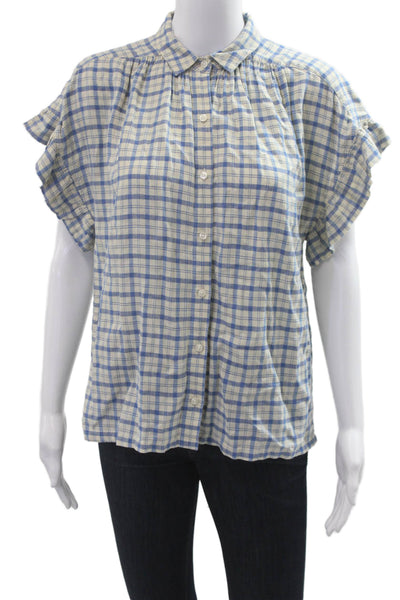 Trovata Womens Beige Plaid Collared Button Up Short Sleeve Boho Blouse Size XS