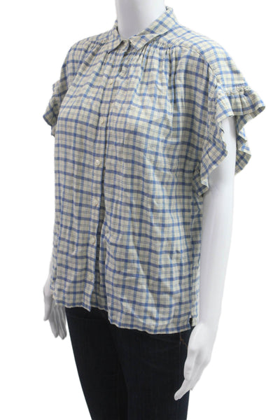 Trovata Womens Beige Plaid Collared Button Up Short Sleeve Boho Blouse Size XS