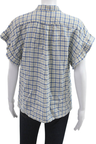 Trovata Womens Beige Plaid Collared Button Up Short Sleeve Boho Blouse Size XS