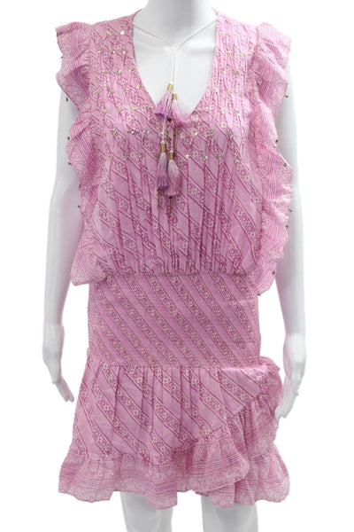 Bell Womens Mini Shirt Dress Pink Striped V Neck Cotton Sleeveless Boho Size XS